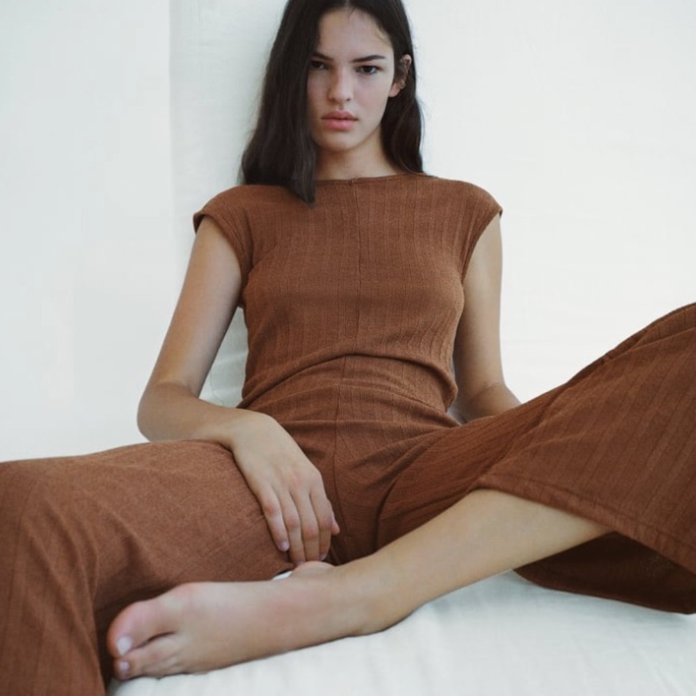 New Zara Knit Wide Leg Jumpsuit Romper Loungewear